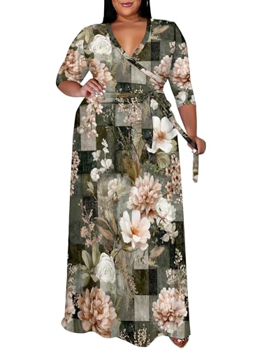 Image of SUZONANA Plus Size Maxi Dresses for Curcy Women Casual Loose 3 /4 Sleeve Long Dress with Belt