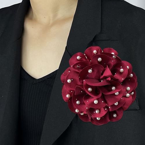 Image of Elegant Large Rose Flower Brooches Lapel Pins Handmade Dainty Satin Fabric Pearl Brooches Big Camellia Flower Brooch Pin for Women Wedding Part Dance Dress Suit Clothes Accessories Prom Jewelry