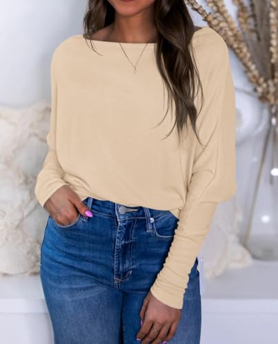 Okiwam Women's Fall Tops Long Batwing Sleeve Shirts Boat Neck Off The Shoulder Loose Tunic Blouses 2025 Fashion Clothes