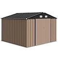 Garvee Brown Metal 10x8 FT Outdoor Storage Shed with Lockable Doors, Sloped Roof for Garden, Backyard, Patio, Corrosion Resistant, Easy Assembly