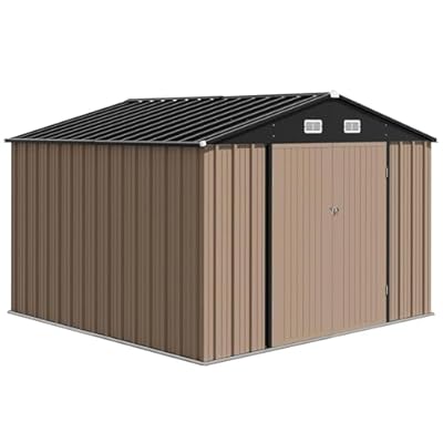 Garvee Brown Metal 10x8 FT Outdoor Storage Shed with Lockable Doors, Sloped Roof for Garden, Backyard, Patio, Corrosion Resistant, Easy Assembly