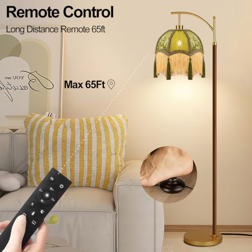 Image of AHDWDW Gold Vintage Floor Lamp for Living Room Bedroom,Arc Victorian Floor Lamps with Remote,Wood Standing Tall Lamp with Green Tassels Velvet Lampshade,Fringe Dimmable Modern Floor Lamp for Corner