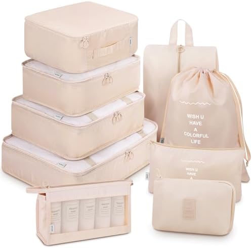 Mossio 9 Set Packing Cubes with Shoe Bag & Electronics Bag - Luggage Organizers Suitcase Travel Accessories, Beige, Large