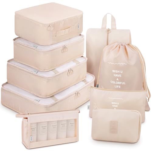 Mossio Lot de 9 Cubes de Rangement avec Sac à Chaussures et Sac pour appareils électroniques – Organisateurs de Bagages, Valise, Accessoires de Voyage, Beige, Taille L