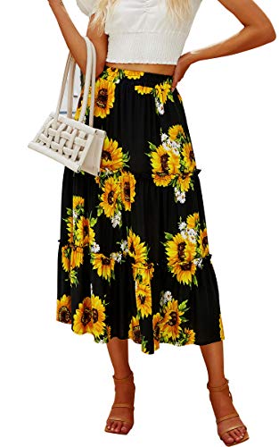 Saia feminina Hibluco com estampa floral boêmia e cintura elástica, Black Sunflower, X-Large
