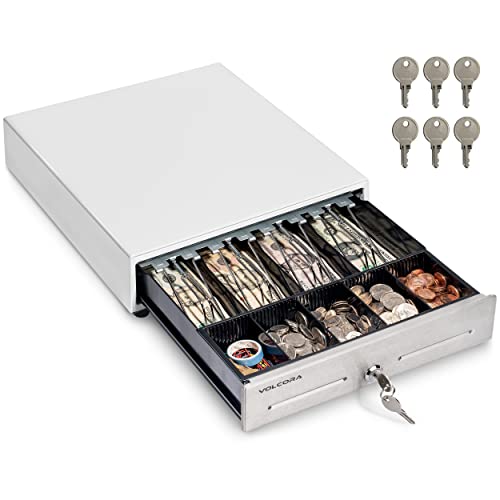 Volcora 13\" Cash Register Drawer for Point of Sale System with 4 Bill 5 Coin Cash Tray, White & Stainless Steel Front Cash Drawers, Removable Coin Compartment, 12-24V, RJ11/RJ12 Key-Lock, Media Slot