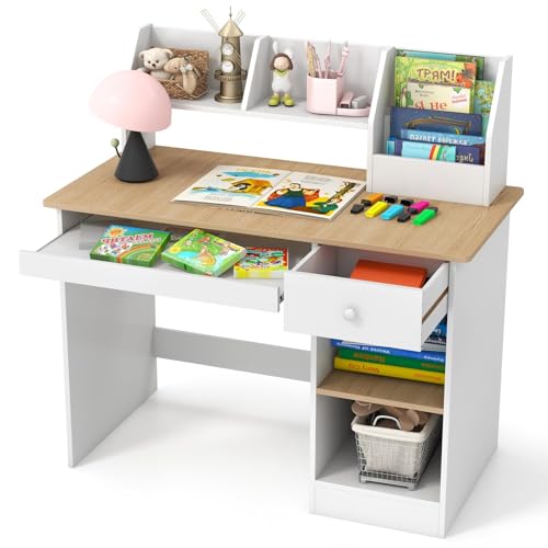 GOPLUS Kinderschreibtisch Kinder Schreibtisch mit Bücherregal Schublade & 4 offenen Ablagen Kindertisch mit Tastaturablage Jugendschreibtisch mit Kippschutz Schreibtisch für ab 3 Jahren (Natur)