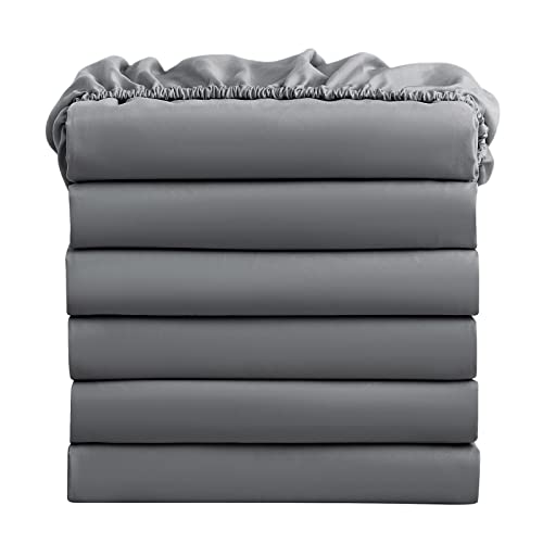 FreshCulture King Fitted Sheets, Bulk Pack of 6, Deep Pocket, Soft Microfiber Bottom Sheets for Home, Salons, Hotels, King Size Fitted Sheets Only (Dark Grey)