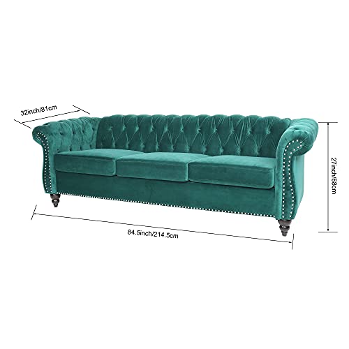 Miyzeal Modern 3 Seater Couch Velvet, Upholstered Sofa With Tufted Back, Roll Arm Classic Chesterfield Settee Couches For Living Room, Office (Green) #TOP5