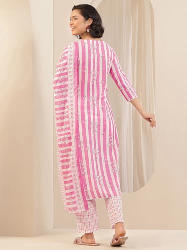 Image of Libas Womens Printed Cotton Straight Kurta With Trousers and Dupatta | daily wear suit