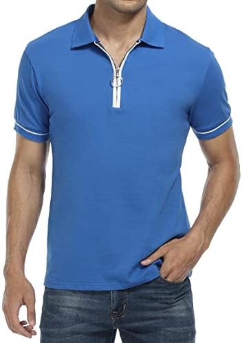 Mens Short Sleeve Polo T-Shirts V Neck Lapel Quarter Zip Casual Summer Tee Tops Slim Fit Golf Polo Shirts for Men Blue