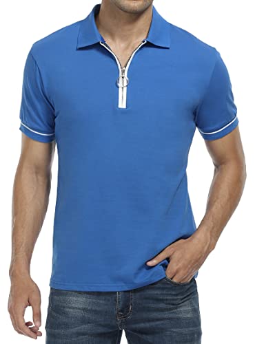 Mens Short Sleeve Polo T-Shirts V Neck Lapel Quarter Zip Casual Summer Tee Tops Slim Fit Golf Polo Shirts For Men Blue #TOP24