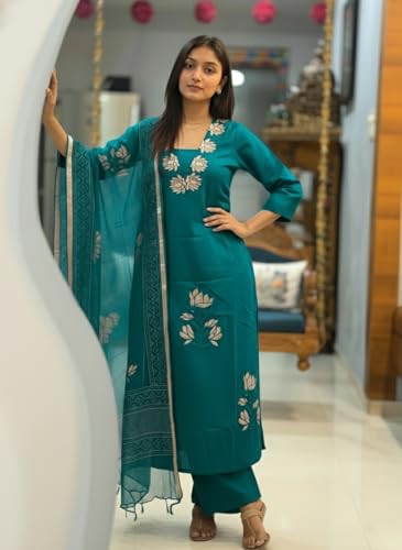 Image of ANNI Designer Women's Rayon Viscose Straight fit Printed Embroidered Kurta with Pant & Dupatta | Ethnic Kurta Set for Women | Daily, Office & Festive Traditional