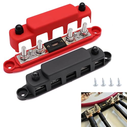 AULESSE 300A Blocco di Distribuzione Dell'alimentazione 12V-48V DC Busbar con Fusibile 4 x M8 Terminale a Bolts Modulo ad Alte Prestazioni per Auto Camper Navi Yacht (Rosso+Nero, 2 pezzi)
