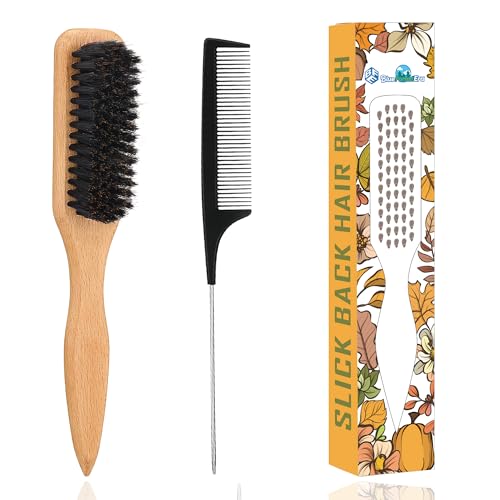 BlueForest Era Slick Back Hair Brush Boar Bristles Smoothing Hair Brushes & Black Rat Tail Comb Natural Wooden Hair Brush for Men Women Soft & Hard Bristles Brush for Hair Smooth Flyaways
