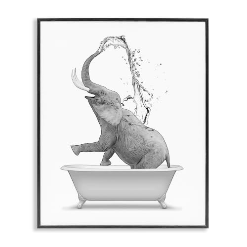Monochrome Elephant Bathing Splashing, 16 x 20 Inch Framed Giclée Print