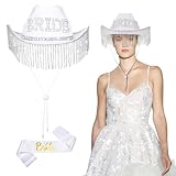 Patelai 2 Pcs Bride Cowboy Cowgirl Hat with Rhinestone Tassels and Bride Sash, Bachelorette Party Favors Wedding Bridal Gift(Strip Rhinestone Fringe)