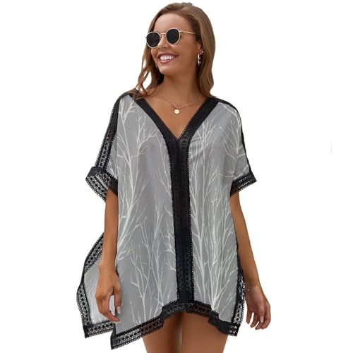 HZCRAES Eleganter Astwald Damen Sommer Strandkleid Cover Up, Abstrakte Pflanzen V- Ausschnitt Bikini Strandurlaub Strandponcho Spitze Sexy Sonnenschutz Freizeitkleid Badeanzug Strandkleid Da
