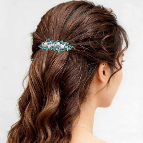 Cybche Barrette à cheveux vintage verte avec strass et cristal - Perle et strass - Émeraude étincelante - Accessoire de mariage pour femme – vue 6