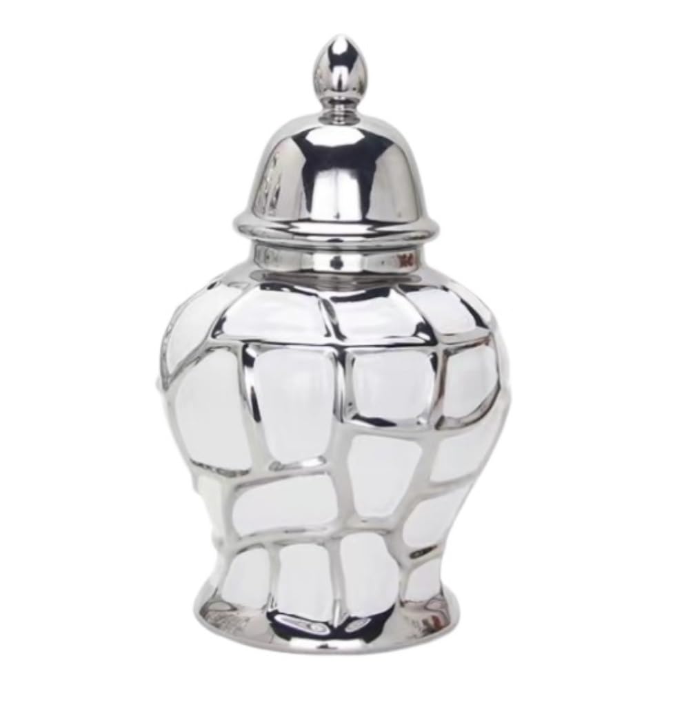 Temple Jar Modern Vase Ceramic Ginger Jar With Lid Decorative Flower Vases Porcelain Temple Jar Traditional Containers Chinoiserie Tea Jar(Silver)