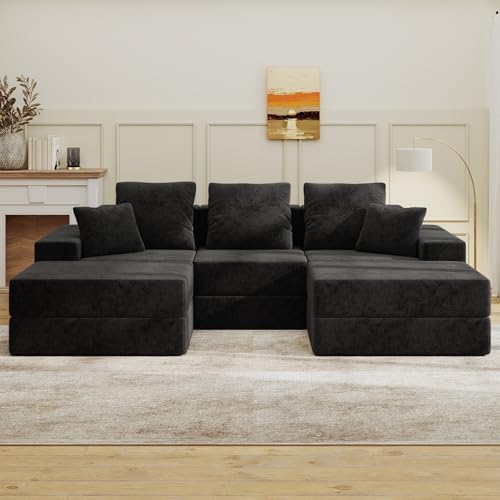 Image of Living&Giving 101 inch U-Shaped Cloud Sectional Couch for Living Room, Cloud Boneless Couch-No Assembly with Reversible Chaise, Customizable 3-Seat Modular Sectional Sofa with 2 Ottoman, Black
