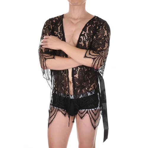 Kimono de encaje corto con malla transparente transpirable de hombre