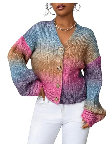 トップス RULE THE FATE mix colour knit cardigan MakeMeChic Women's Colorful Chunky Cropped Cardigans Button