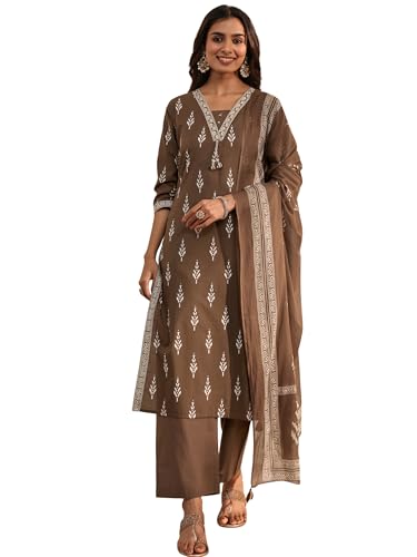 Image of Libas Printed Cotton Straight Kurta With Palazzo and Dupatta