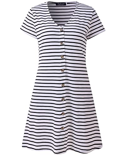 Solersun Women's Casual Striped T-Shirt Dresses Short Sleeve Loose Swing Tunic Dress With Pockets (Xxl, White) #TOP4