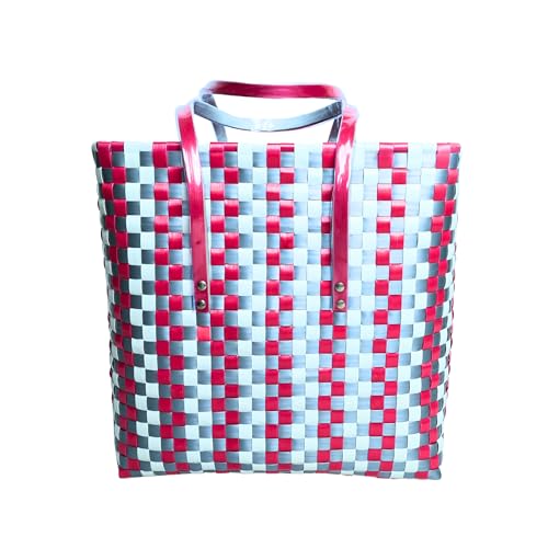 Image of Hand Made Multipurpose Plastic Basket with Lid | Eco-Friendly, Washable, Rust-Free Storage Basket for Kitchen, Picnic, Toys, Travel, Office | Lightweight basket (Grey with Red, XL)
