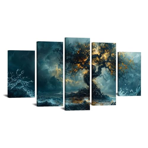 Tableau Arbre de Vie Mer en 5 pièces JOSUE pour salon | 60x125cm encadré
