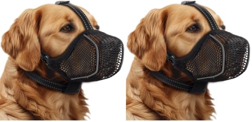 Image of Dog Muzzle,Mesh Soft Muzzle for Small Medium Large Sized Dogs, Breathable Reflective Adjustable Puppy Muzzles with Collar for Scavenging Grooming Biting Chewing,Allows Panting and Drinking (Pack of 2)