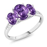 Gem Stone King 10K White Gold Gemstone Birthstone and Diamond Accent 3-Stone Engagement Ring for Women | Oval 8X6MM and 6X4MM | Three Stone Wedding Anniversary Promise Ring | Size 5-9