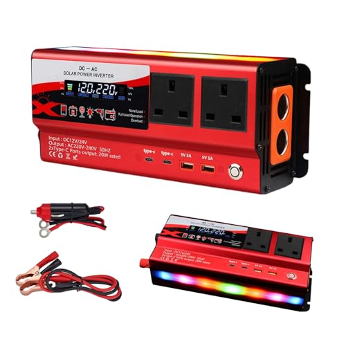 2000W Power Inverter DC 12V/24V to AC 220V, Car Power Inverter with 2 UK Sockets, 2 Type-C,2 USB, 2 Cigarette Lighter and LED Display, Pure Sine Wave Inverter for Travel, Camping, RV