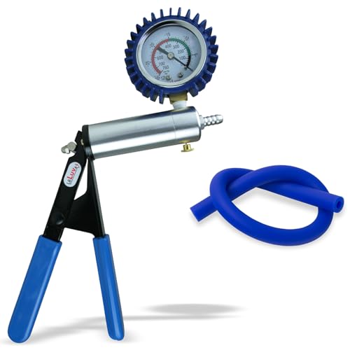 LeLuv Ultima Blue Vacuum Pump - Aluminum Alloy Silver Handle Manual Hand Vacuum (0-30 Hg, 0-760 mmHg), Gauge Installed with Protective Rubber Cover, Rubber Padded Grips with Silicone Hose