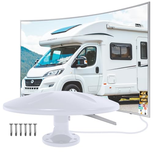 Antena TV Exterior, Antena TV Omnidireccional para Autocaravana con Potente Amplificador, Compatible con 4K 1080P, Cable Coaxial de 10M, para Canales Locales - Blanco
