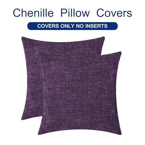 Image of Pack of 2 CaliTime Throw Pillow Covers Cases for Couch Sofa Home Decor, Solid Dyed Soft Chenille, 18 X 18 inches, Deep Purple