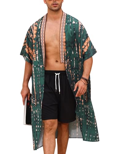 Men's Beach Open Front Cover Up Half Sleeve Floral Print Cover Up Kimono Cardigan Summre Robes Lightweight