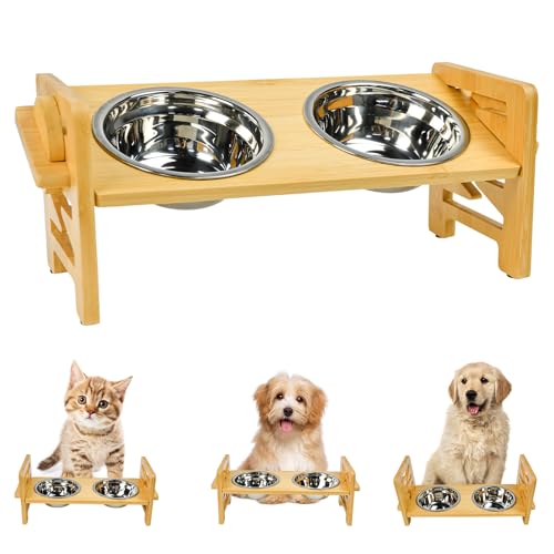 Vninkul Gamelle Chat Surélevée Reglable de 6 Hauteurs Ajustables, Support Gamelle Chien Surelevee avec 2 Bols en INOX, Mangeoirs et Abreuvoirs pour Chiens et...