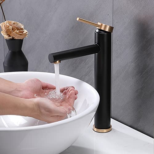Vesla Home Single Handle One Hole Black And Gold Vessel Sink Faucet,Modern Tall Bathroom Faucet,Above Counter Lavatory Vanity Vessel Faucet With Water Hoses And Overflow Pop Up Drain #TOP2