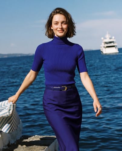 Image of v28 Women Turtleneck 1 /2 Half Sleeve Highly Stretchy Ribbed Knit Fitted Sweater
