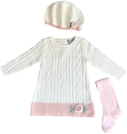 Bernie&Charlie Baby Cotton knitted sweater dress set 3 pcs with hat and cotton Pantyhose. Handmade embroidery flower (6-9 M)