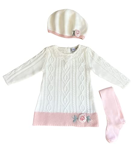 Bernie&Charlie Baby Cotton Knitted Sweater Dress Set 3 Pcs With Hat And Cotton Pantyhose. Handmade Embroidery Flower (6-9 M) #TOP11