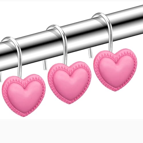 12 Pieces Heart Shaped Shower Curtain Hooks Decorative Valentines Day Curtain Hooks Stainless Steel Rust Resistant Curtain Rings Pink