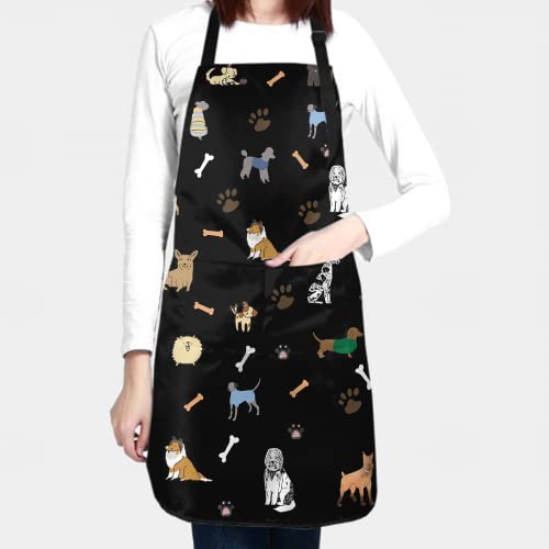 Cute Dog Grooming Apron Waterproof With Pockets 2 Paw Print Apron Dog Grooming Smock, Dog Lover Aprons For Adults Adjustable Shoulder Strap Polyester Aprons Cooking Bbq Adult Artist Aprons 28X33 Inch #TOP7