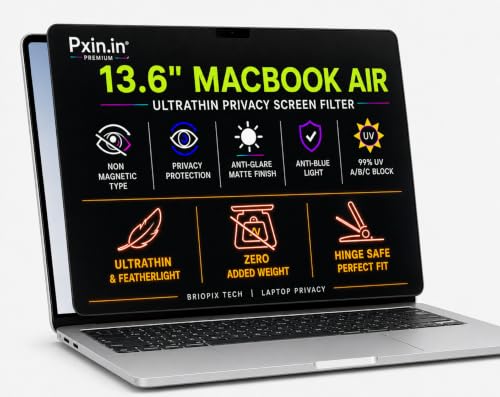 Image of Pxin 13.6 Inch MacBook Air UltraThin Privacy Screen Filter | FeatherLight Design | No Magnetic Weight | No Hinge Burden | Anti Glare | Anti Blue | 99% UV A /B /C Block | BRIOPIX Tech | Laptop Privacy