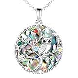 Unified Jewellery Collar de plata de ley con diseño de búho del árbol de la vida, concha de abulón y piedras natales de cristal, inspirado en la naturaleza, 3,5 cm 1127
