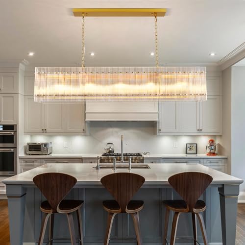 Image of Modern Gold Chandeliers,55 in Chandelier for Dining Room, Rectangular Water Ripple Crystal Glass Chandeliers Lighting Fixture, Suit Living Room、Kitchen Island, Adjustable Hanging Chandelier