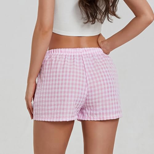 Image of Y2k Plaid Shorts Cute Baggy Ginghem Boxer Shorts for Women Checked Lounge Pajama Bottom Preppy Sleep Pj Shorts