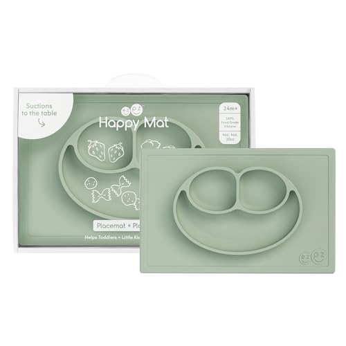 Image of ezpz Happy Mat (Sage) - 24 Months+ - 100% Silicone Suction Placemat + Divided Plate with Three Compartments - Toddler + Preschool Essentials